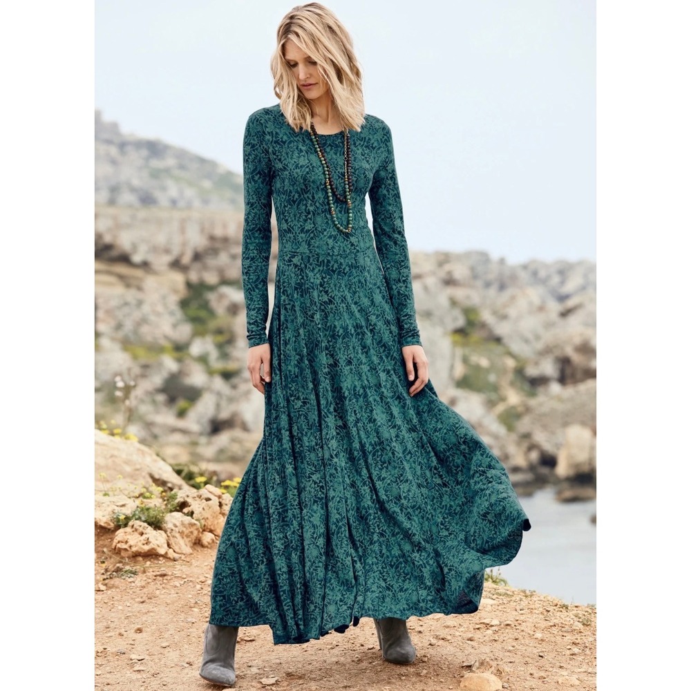 Peruvian Connection Maxi Dress Womens L Teal Floral Pima Cotton Modal Knit Boho